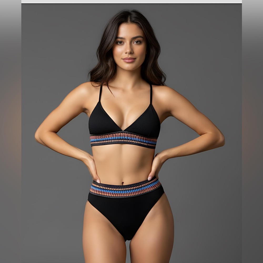 Textured  Trim High Waisted Bikini Swimsuit
